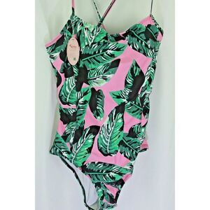 SESY Swimsuit One-Piece Lace Up Tropical Floral Pink Green Womens XL 16 New